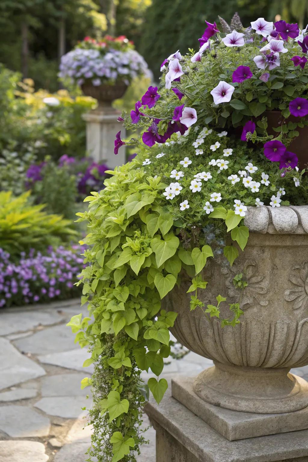 Create colorful cascades with trailing plants spilling from your planters.