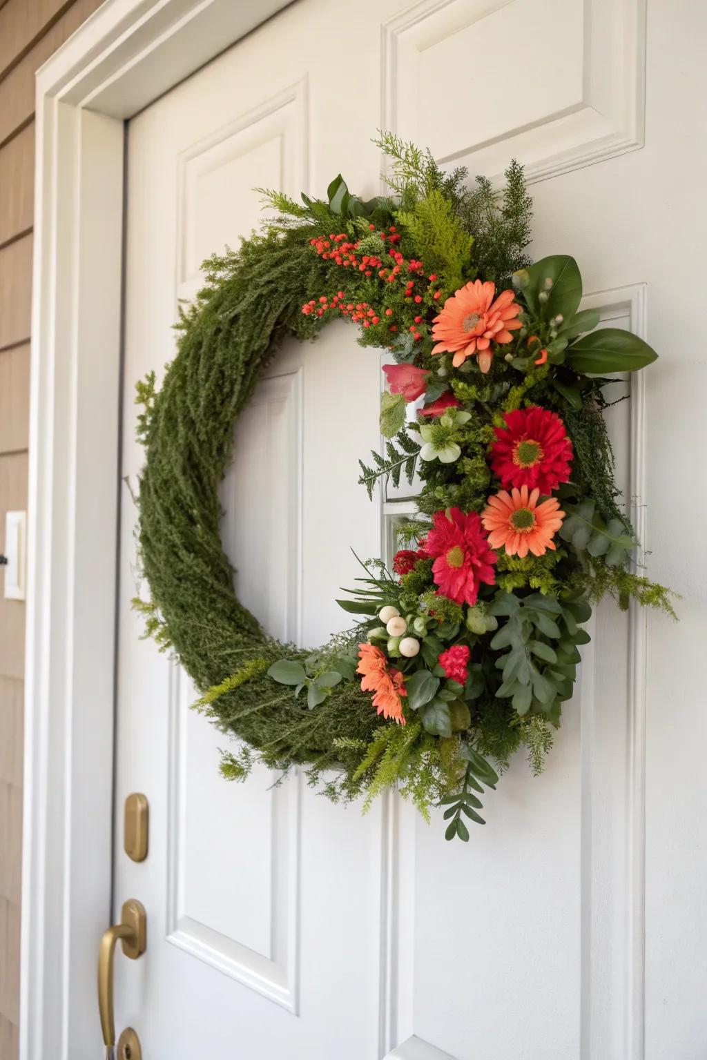 An adaptable wreath, refreshed with seasonal blooms.