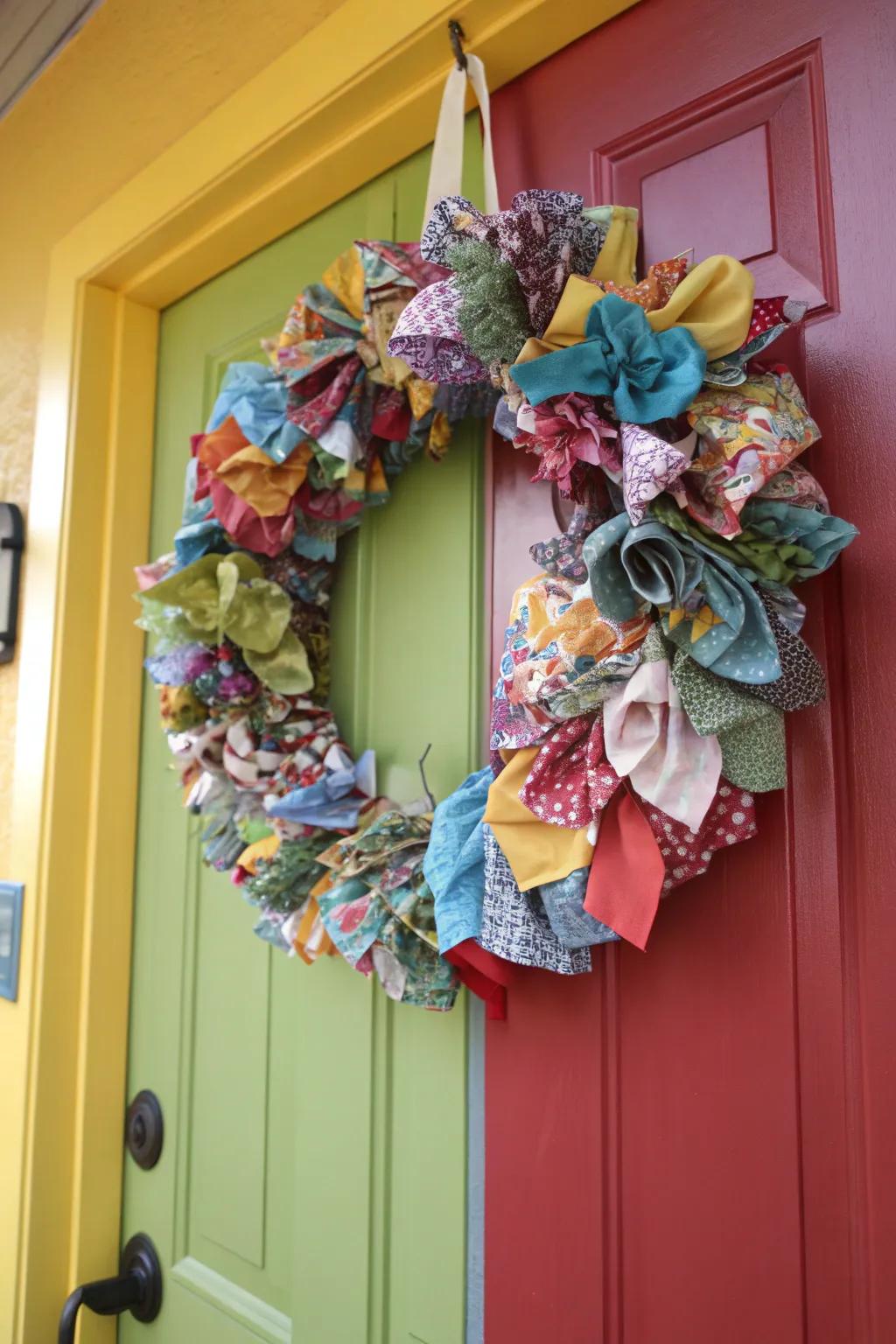 A fabric wreath bursting with personality and color.
