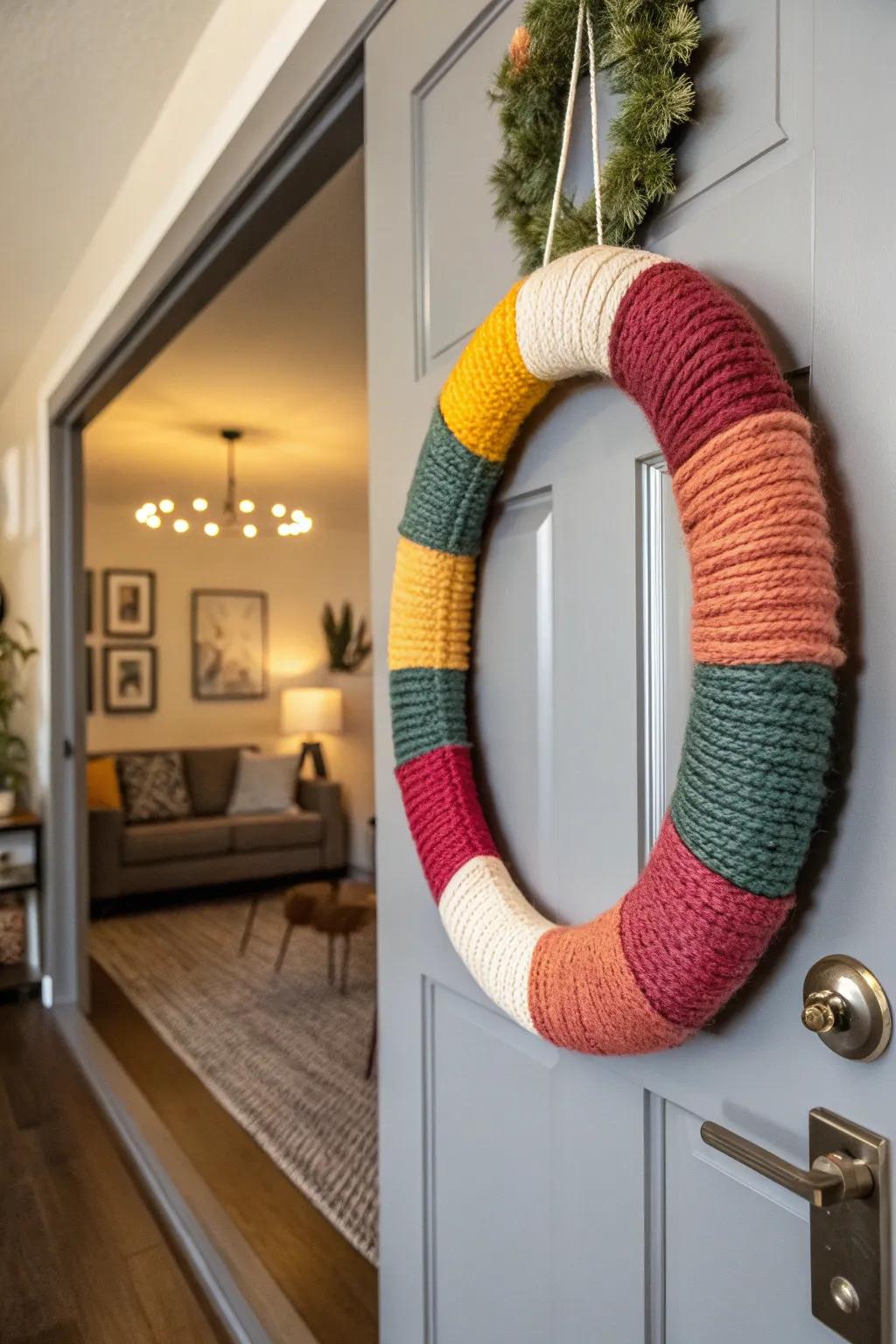 A vibrant yarn wreath offering a playful color pop.