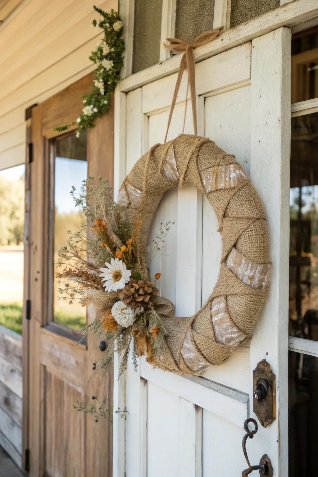 A burlap wreath that adds rustic charm year-round.
