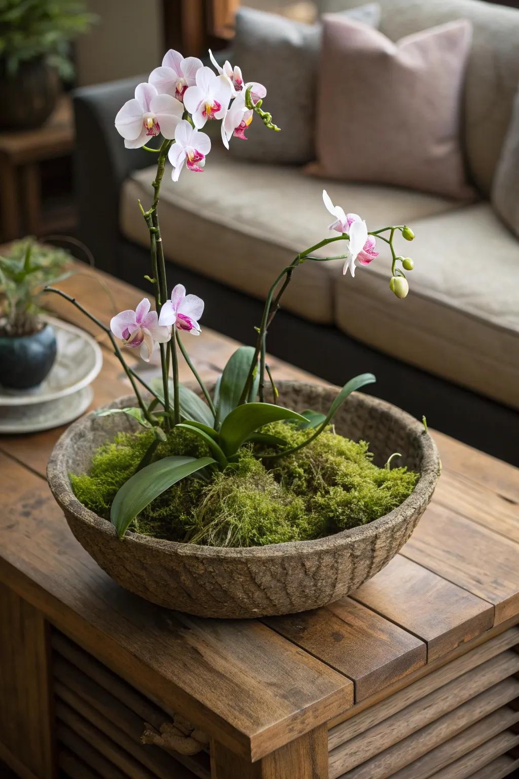 Orchids and moss in a rustic bowl create an earthy vibe.