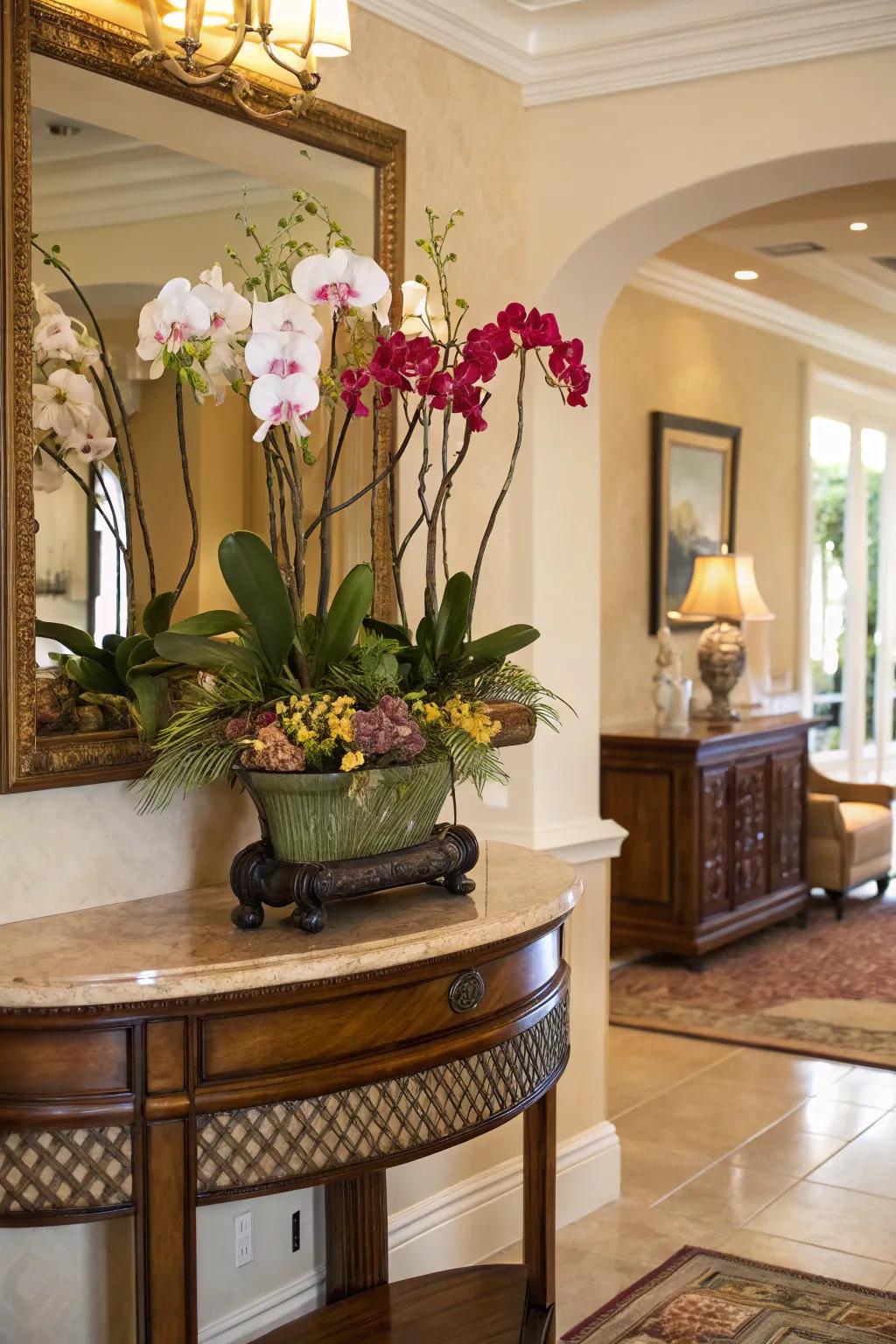 Orchids in the entryway offer a serene welcome.