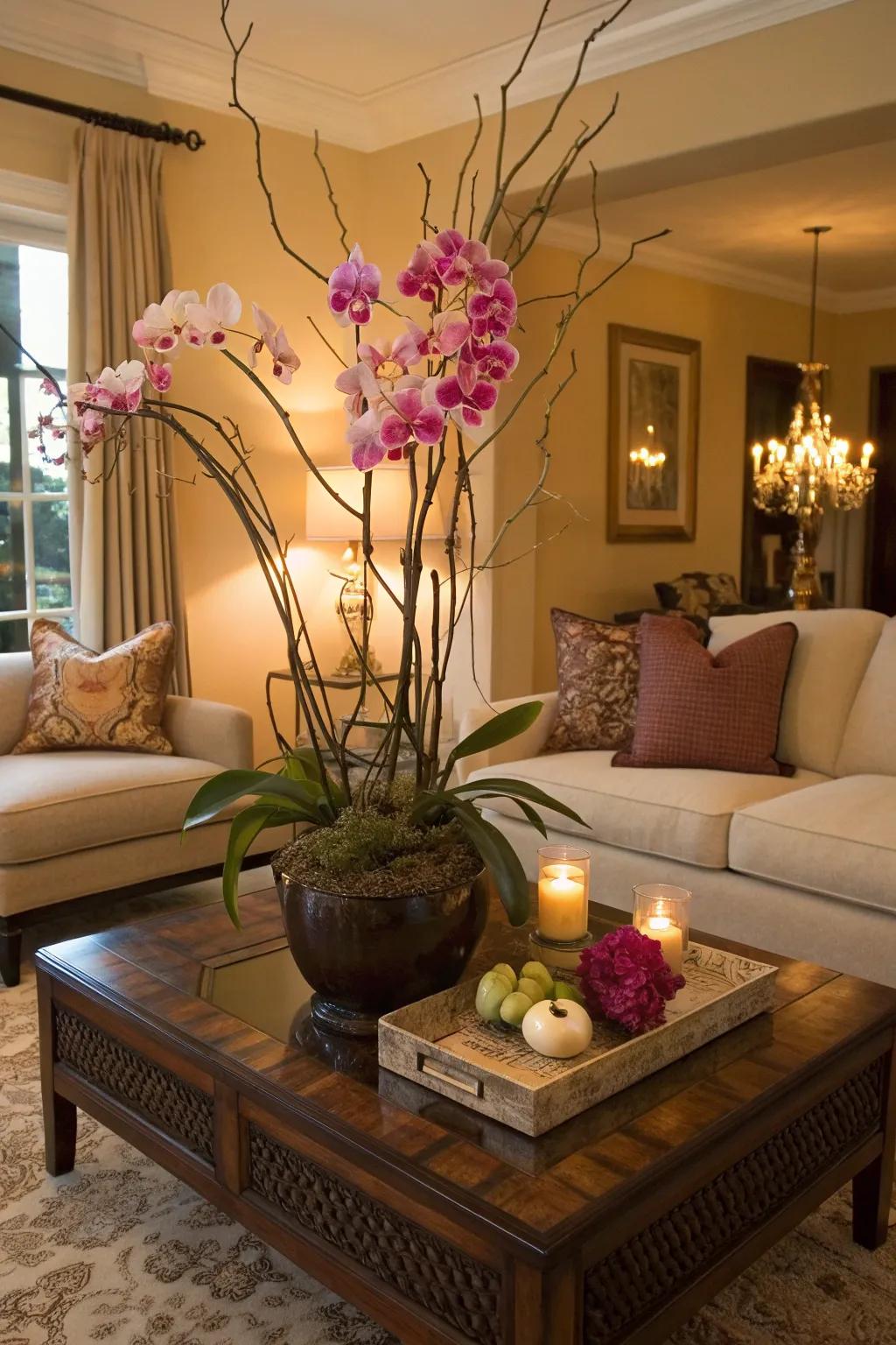 Orchids and branches add sophistication to a living room.