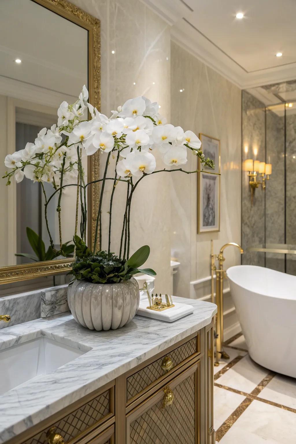 Orchids turn a bathroom into a spa-like retreat.