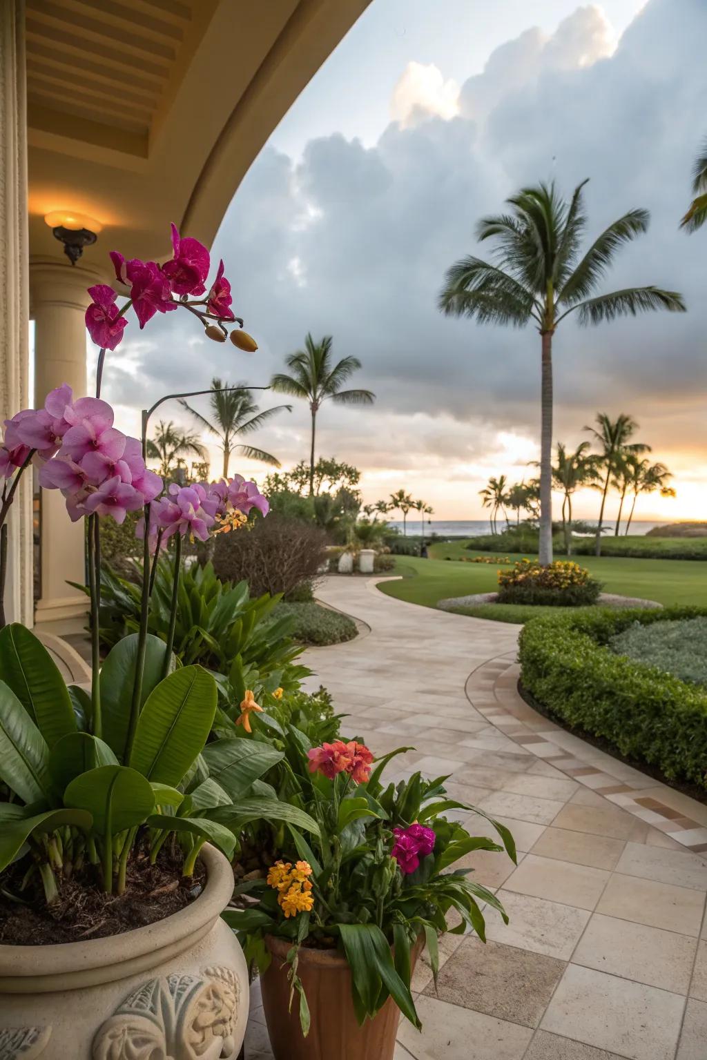 Orchids bring a tropical feel to outdoor patios.