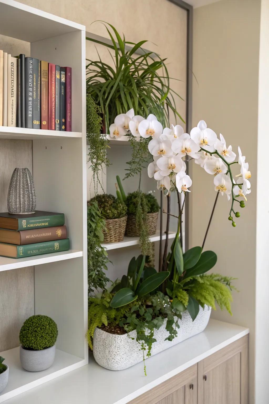 Orchids and greenery create a lush, vibrant display.