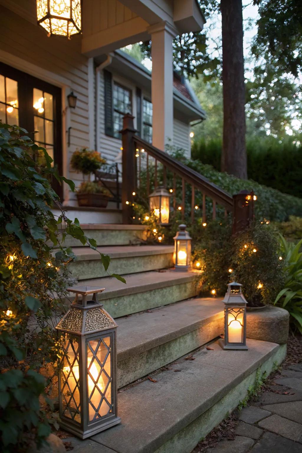 Lanterns casting a warm glow on porch steps.