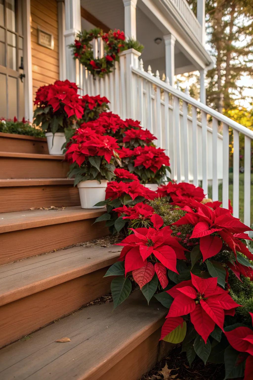 Poinsettias bringing a festive touch to porch steps.