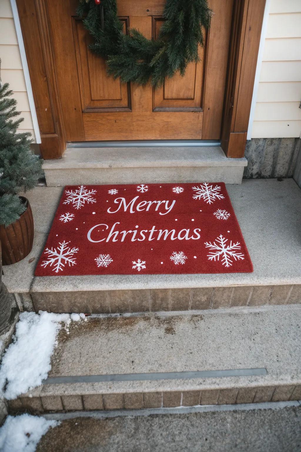 A festive doormat welcoming guests.