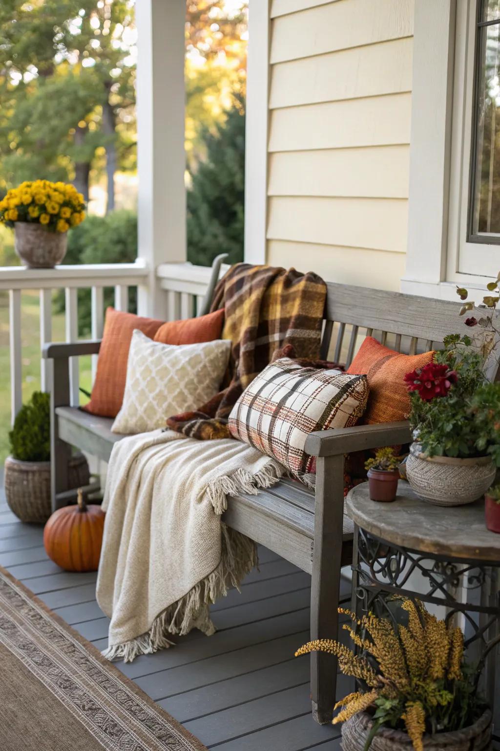 Cozy outdoor seating with festive cushions.