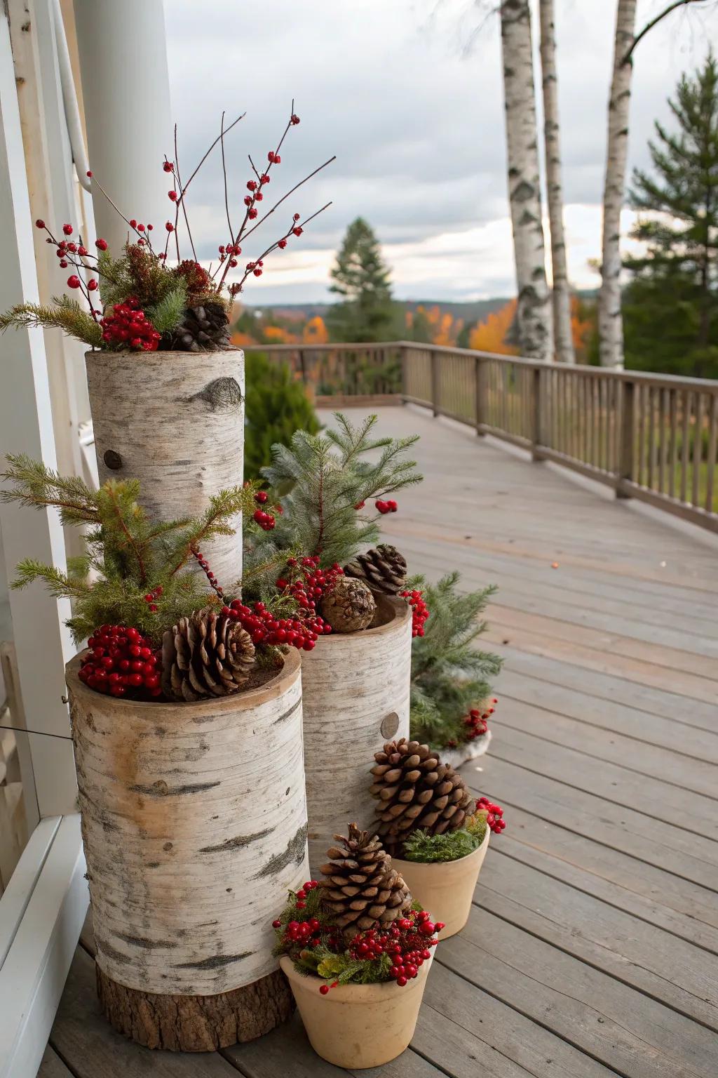 Birch and berry pots creating a rustic winter vibe.