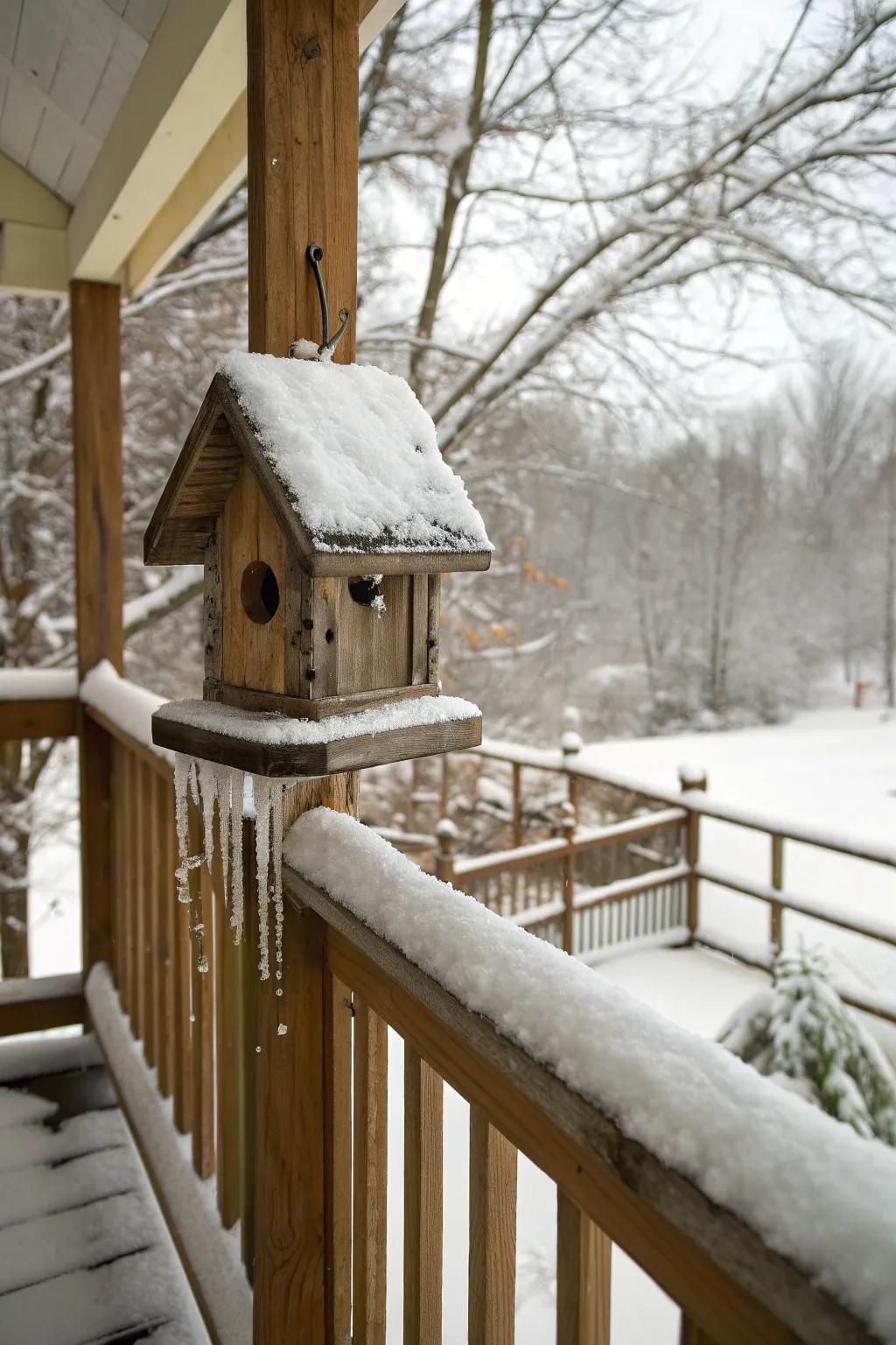 A quaint birdhouse with a snowy roof for charm.