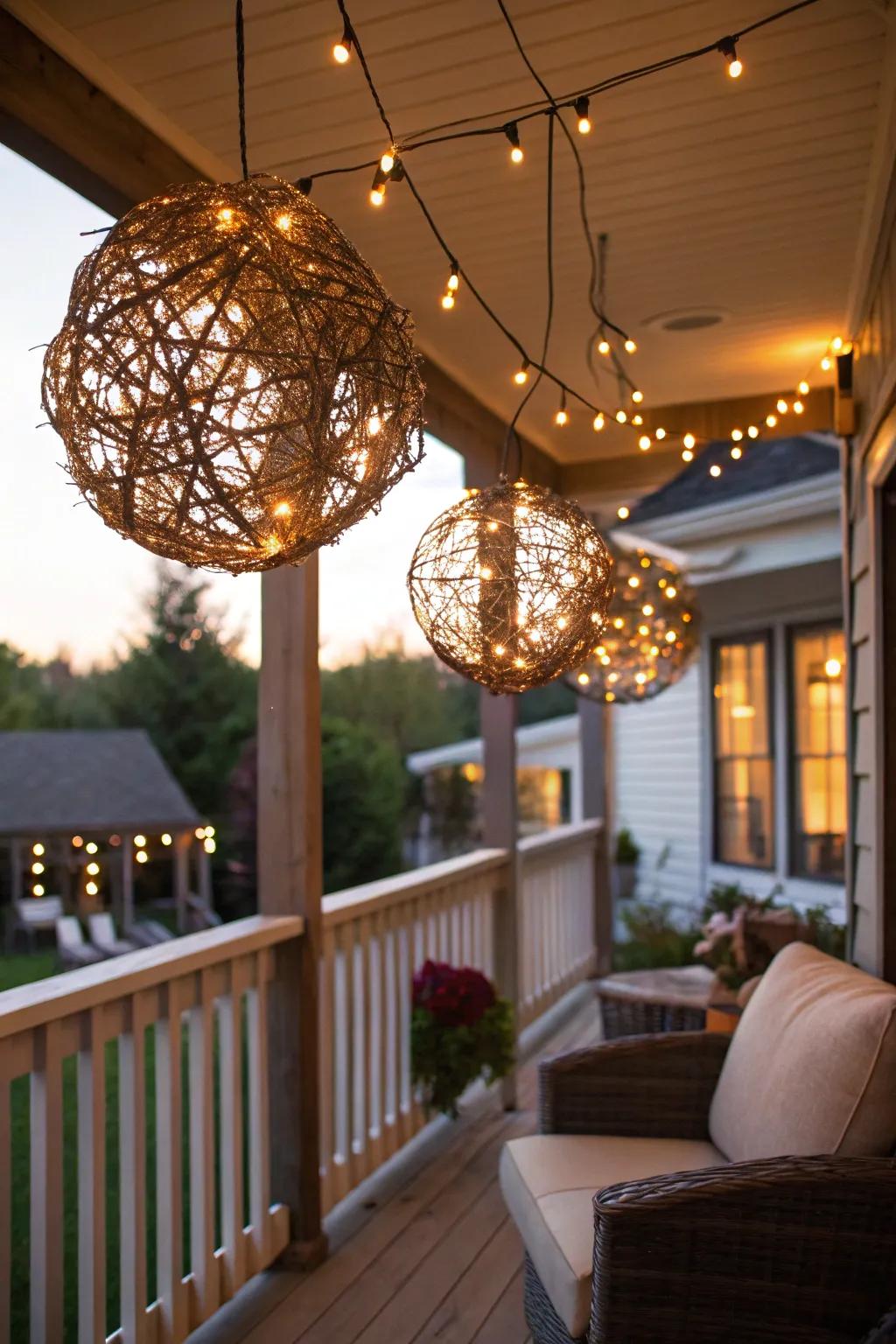 Elegant grapevine spheres lighting up the porch.