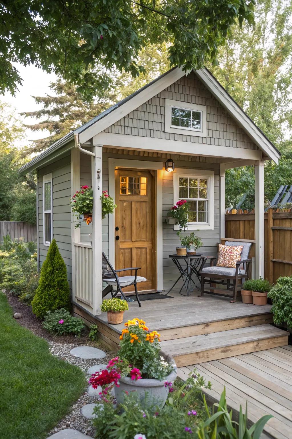 A tiny house shed offering a cozy escape in the garden.