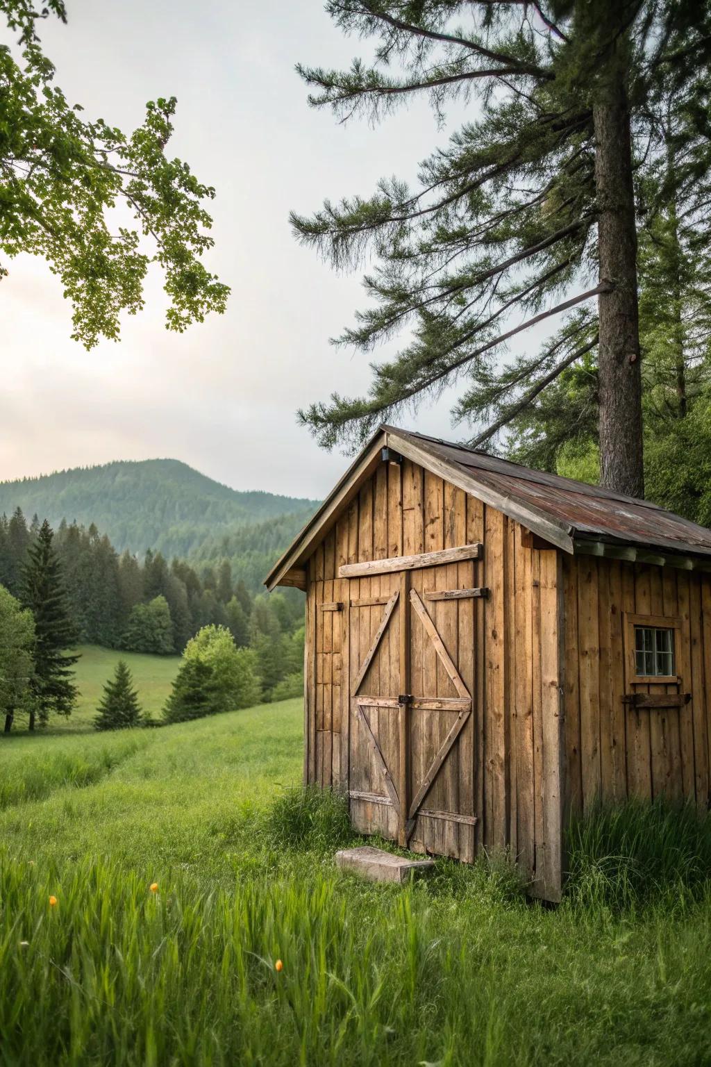 A rustic shed made from reclaimed wood, blending with nature.