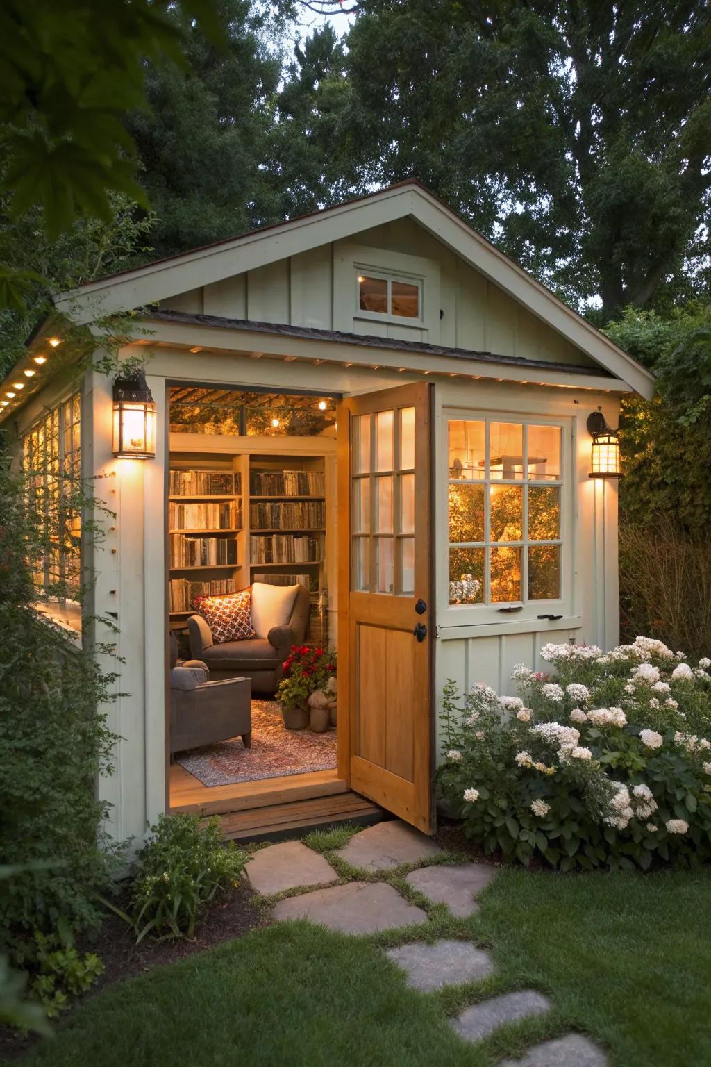 A she shed sanctuary for relaxation and reading.