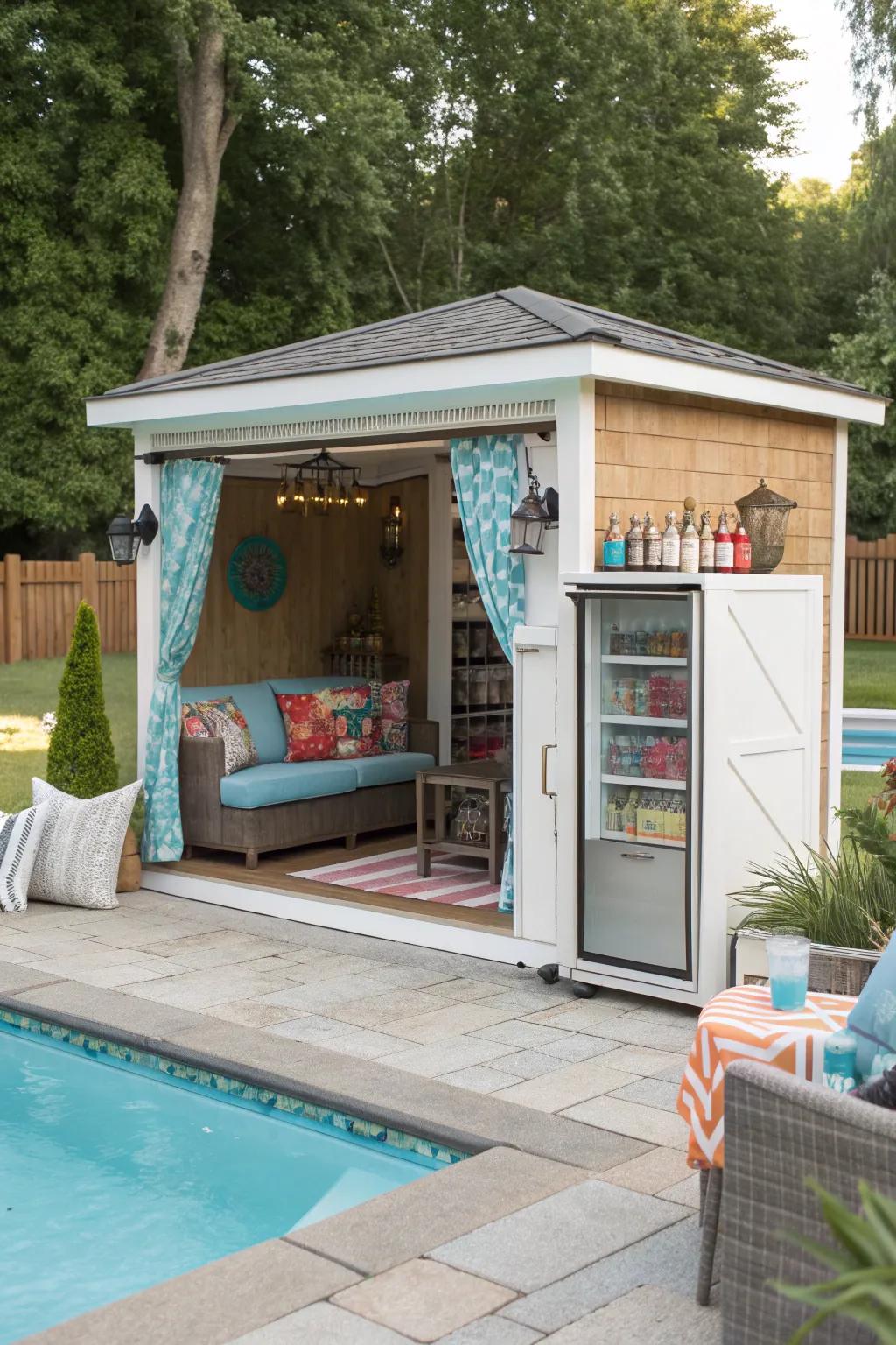 A poolside cabana shed for stylish relaxation.