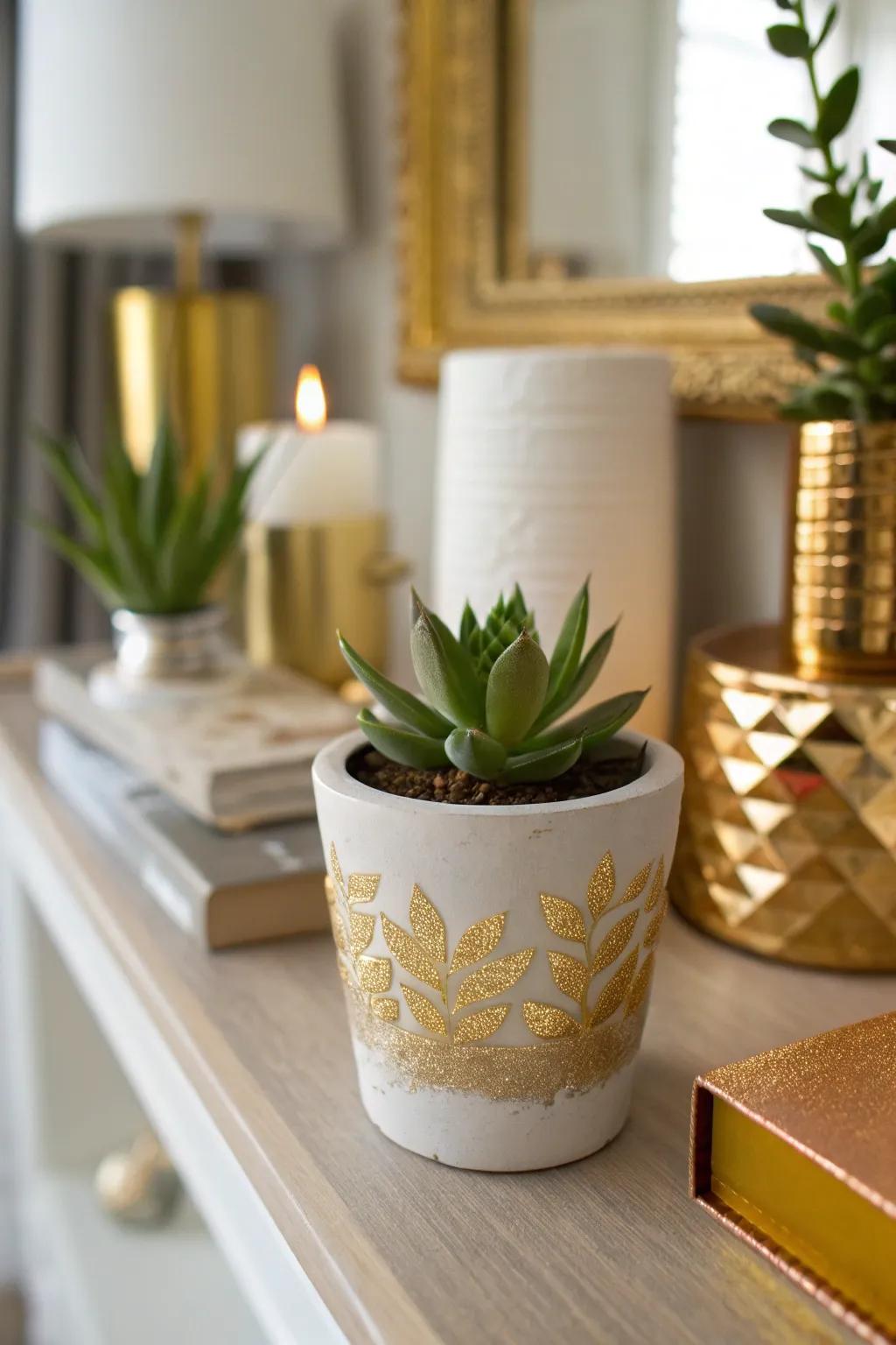 Elegant gold leaf planters add a touch of class
