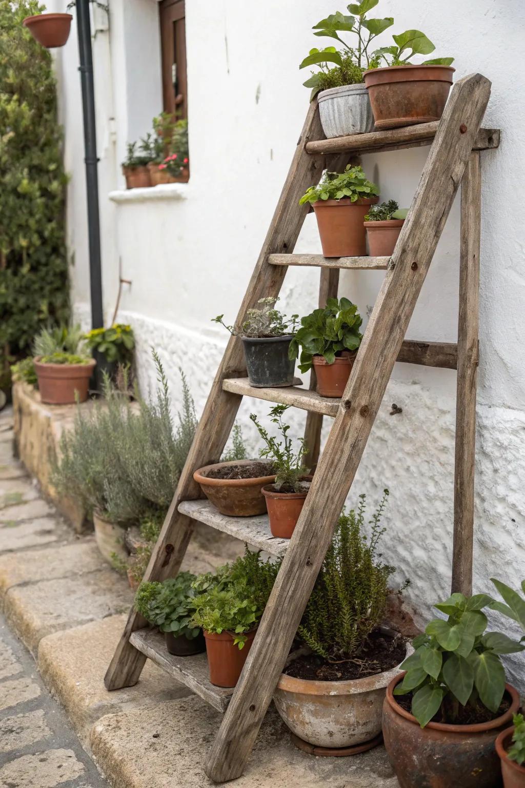 Rustic ladder plant display for vertical interest