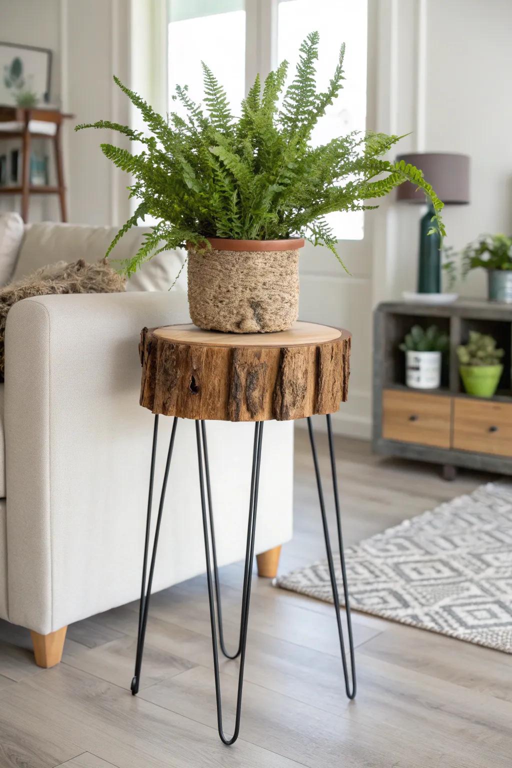 Rustic wood slice plant stand for added dimension