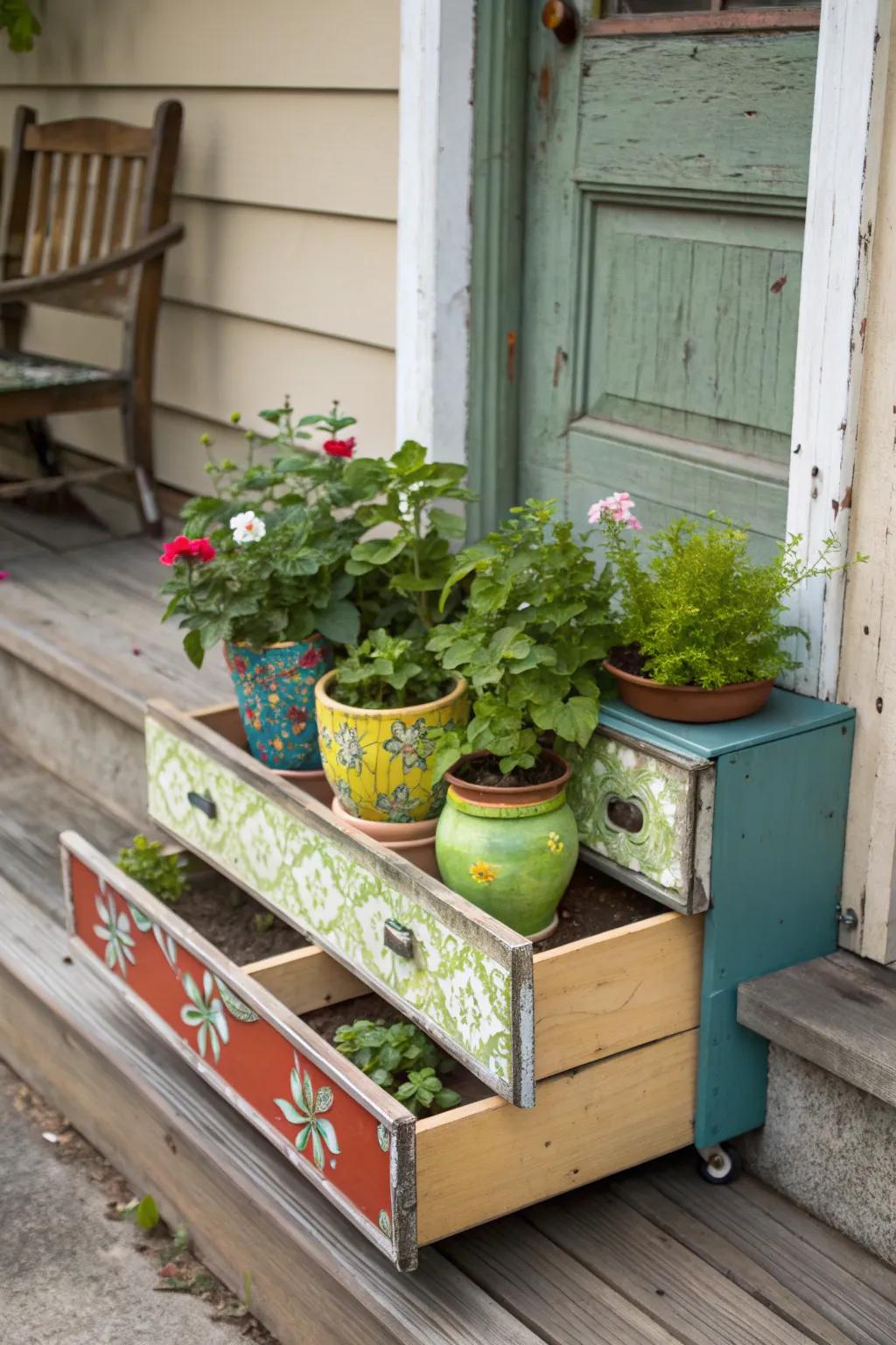 Quirky and unique upcycled drawer plant display