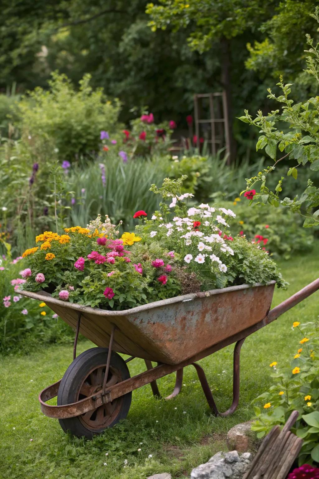 Wheelbarrow bursting with vibrant flowers.