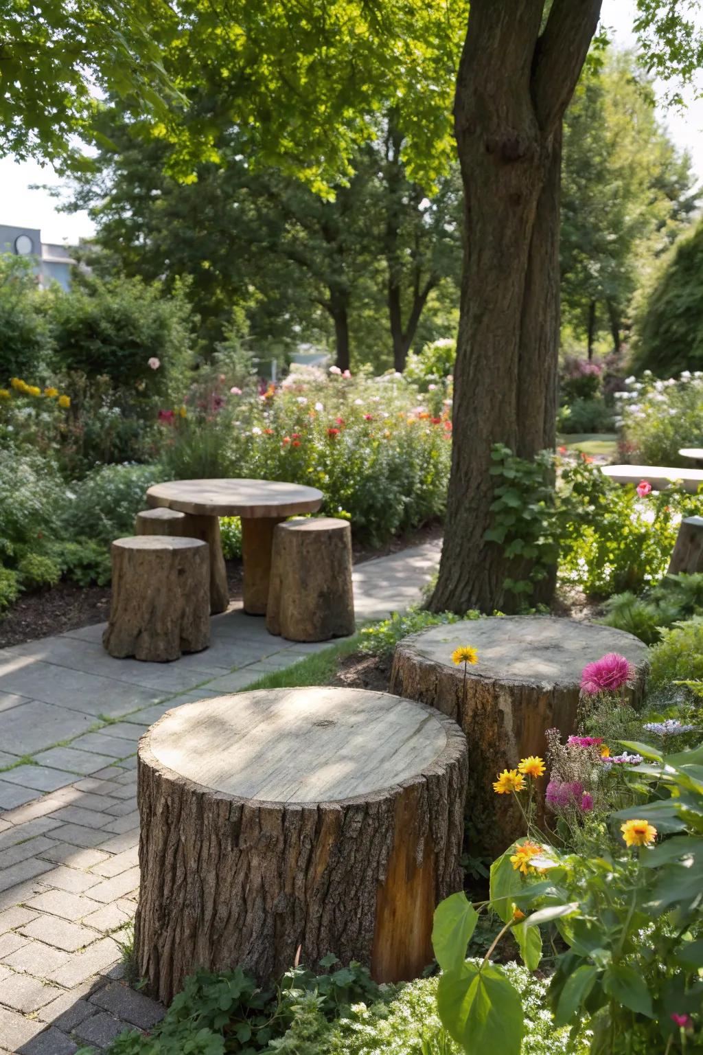 Tree trunk slices as garden furniture.