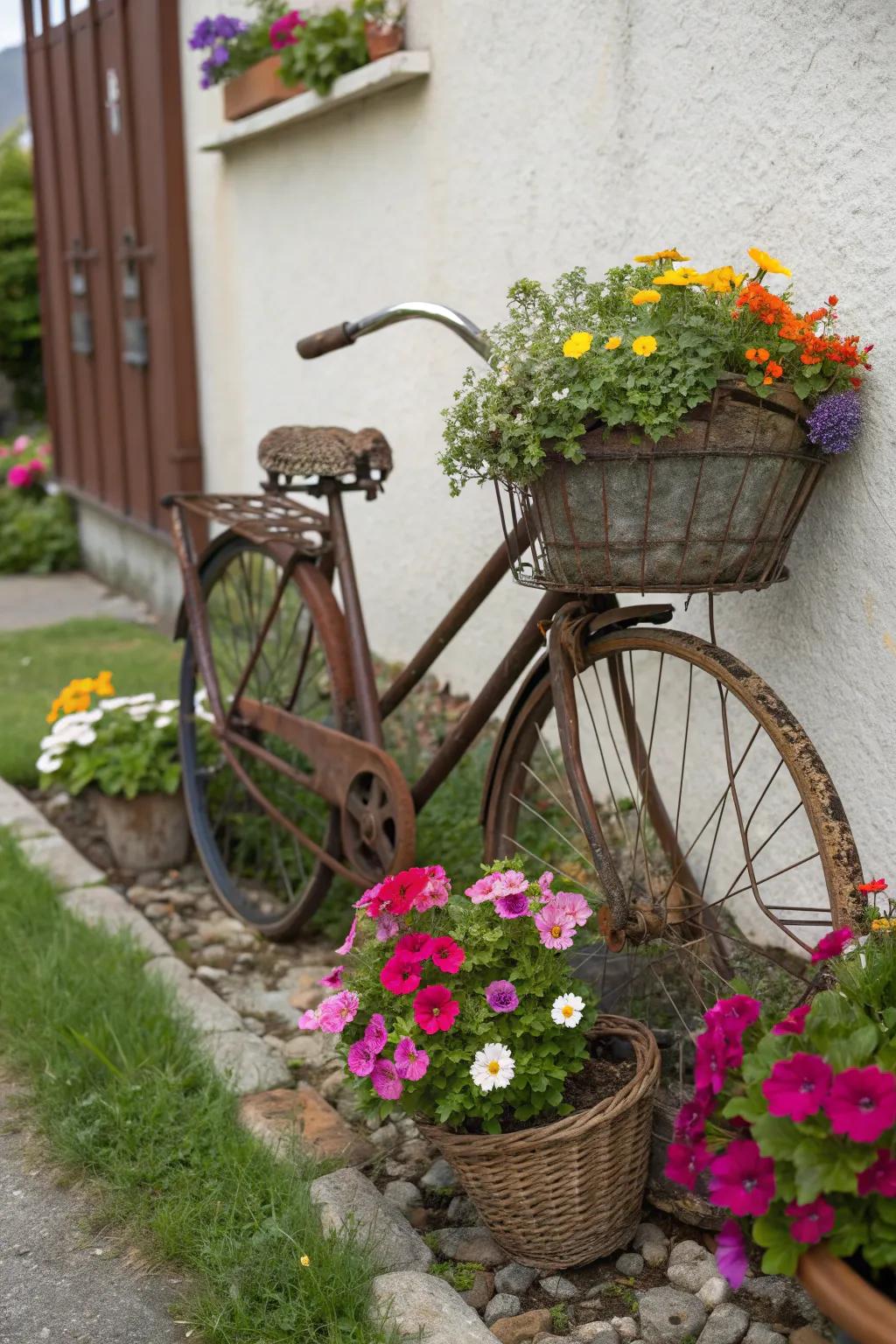 Vintage bicycle turned into a garden planter.