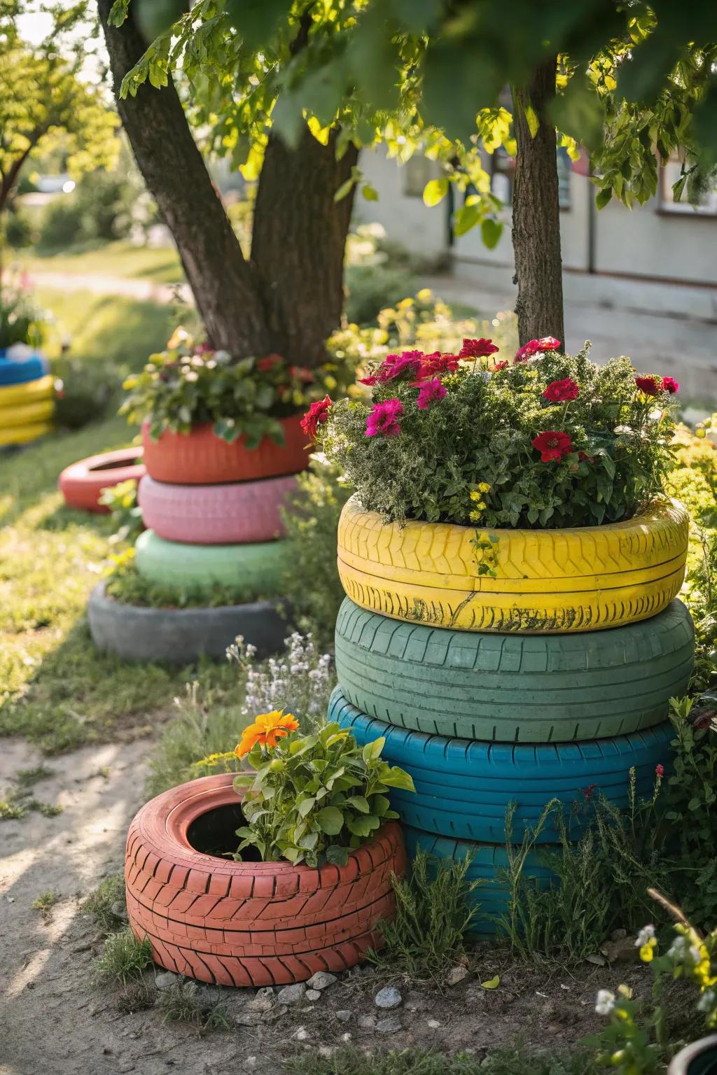Colorful tire planters adding vibrancy to the garden.
