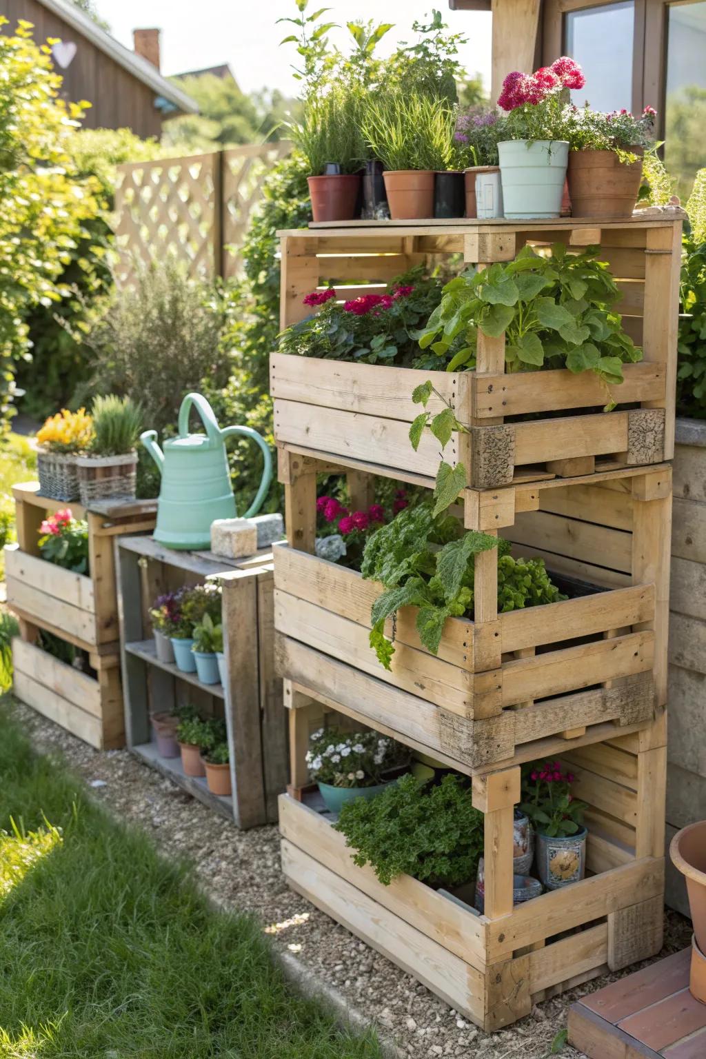 Crates turned into practical garden shelves.