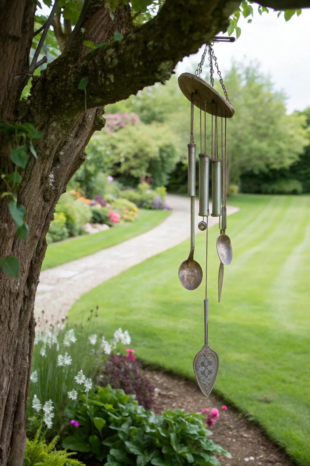 Spoon wind chimes adding melody to the garden.