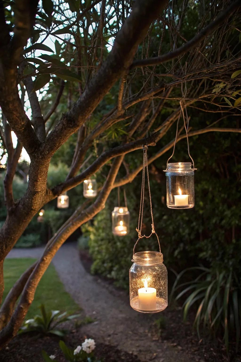 Jar lanterns casting a warm glow in the garden.