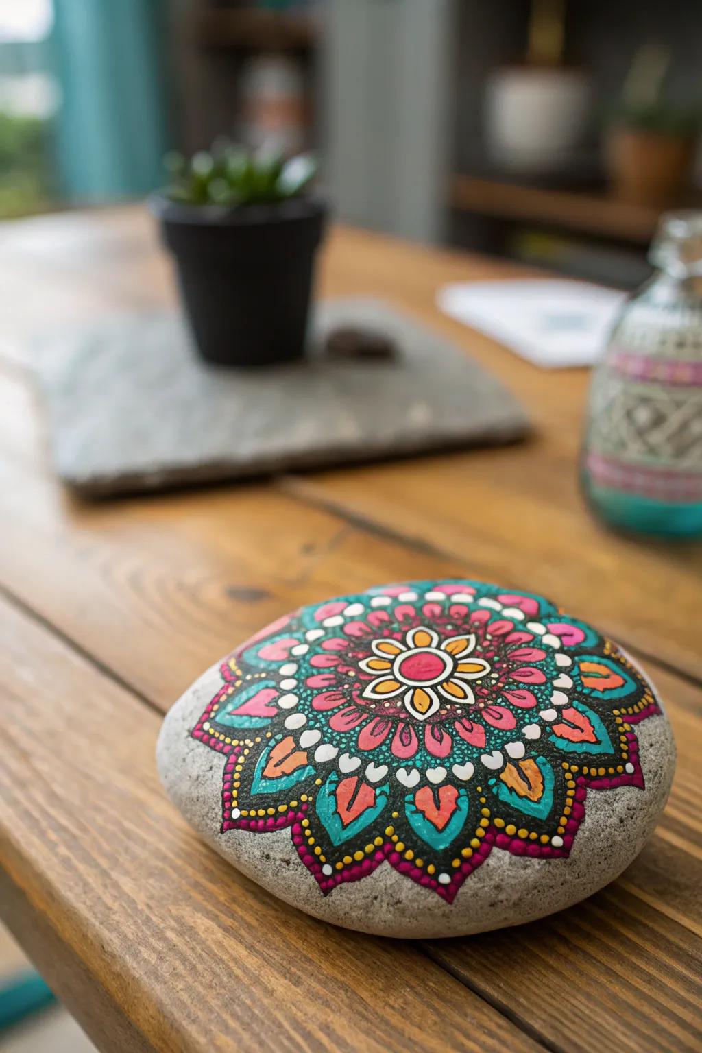 Create mesmerizing mandalas on flat rocks to add an artistic touch to any space.