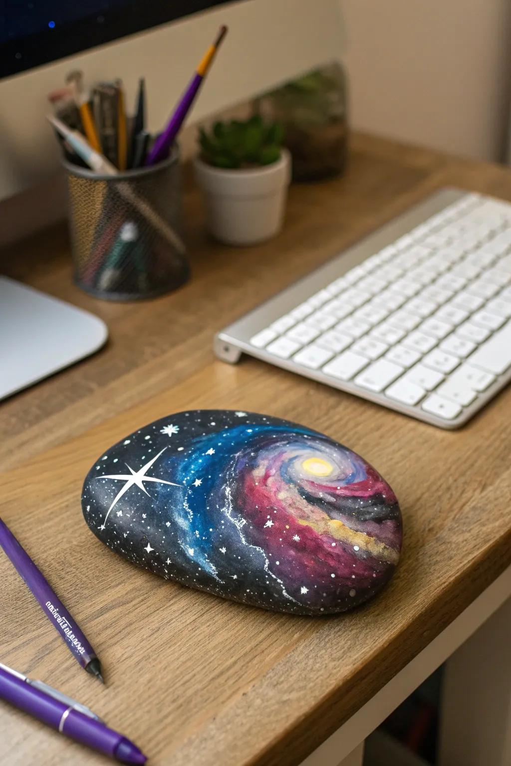 Explore the cosmos with captivating galaxy-themed rock paintings.