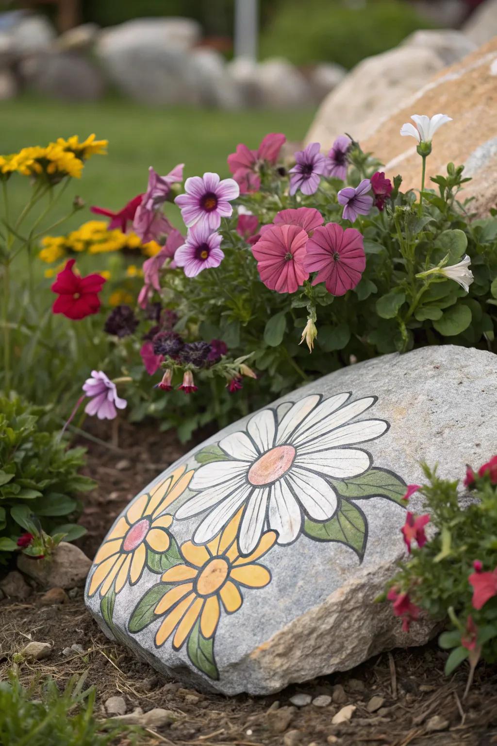Infuse your surroundings with the beauty of floral rock art.