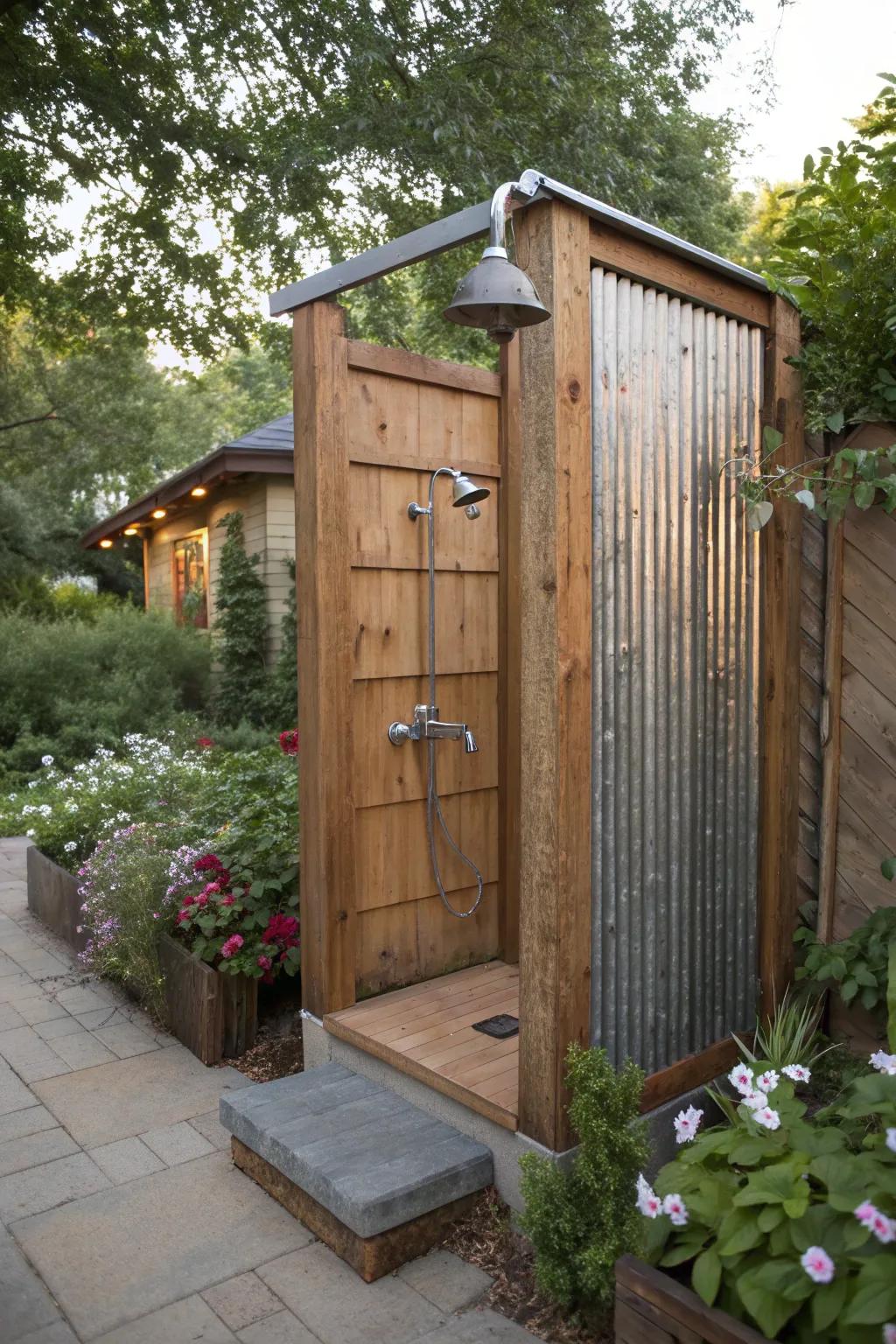 Achieve a modern rustic look with a fusion of wood and metal in your outdoor shower.