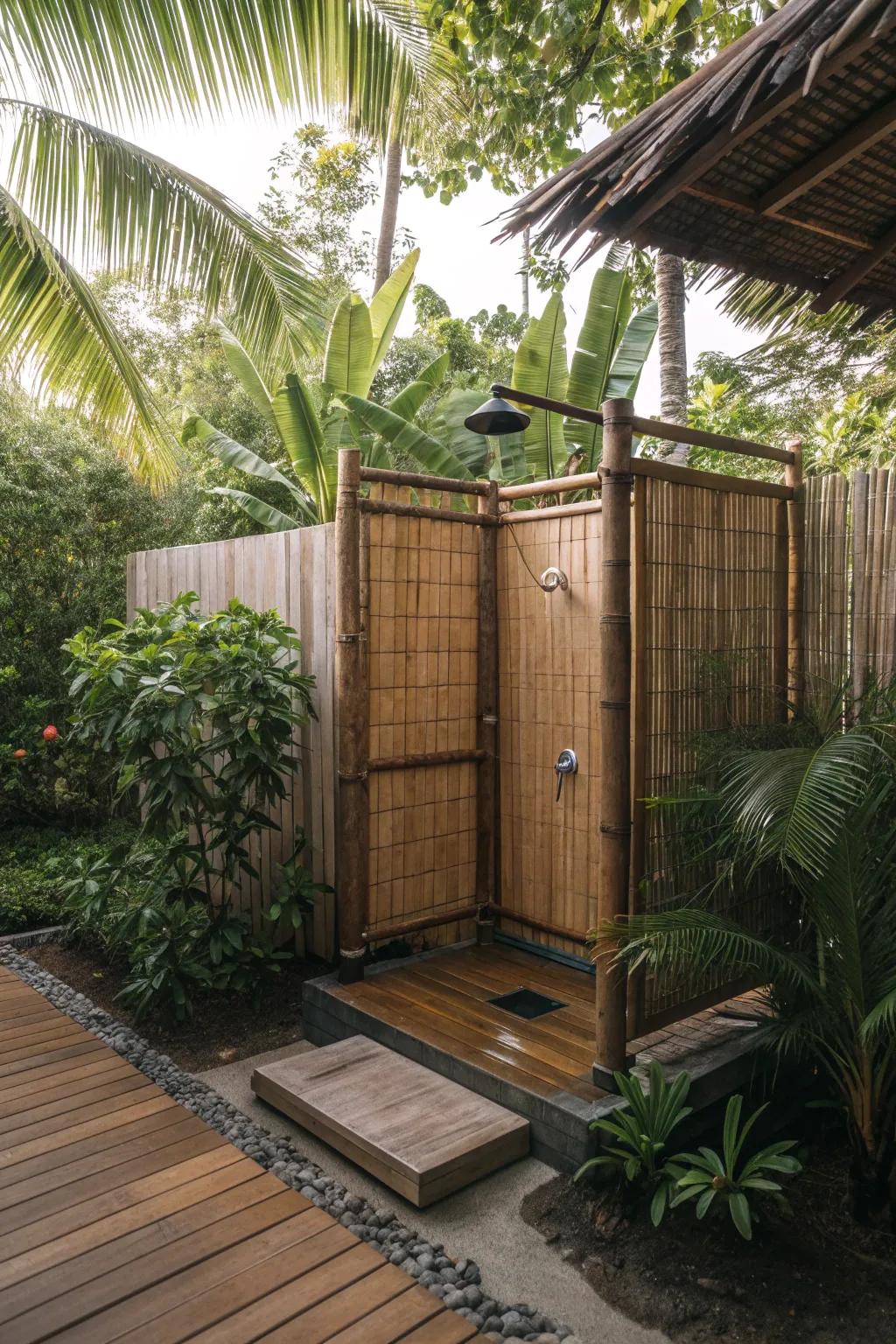 Create a tropical escape with bamboo privacy screens for your outdoor shower.