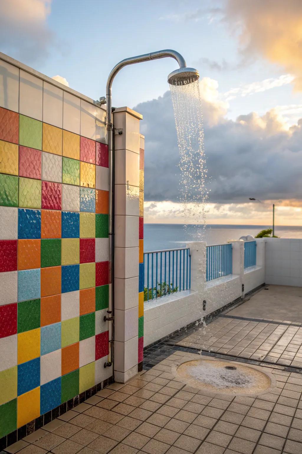 Brighten your outdoor shower with vibrant tile accents.