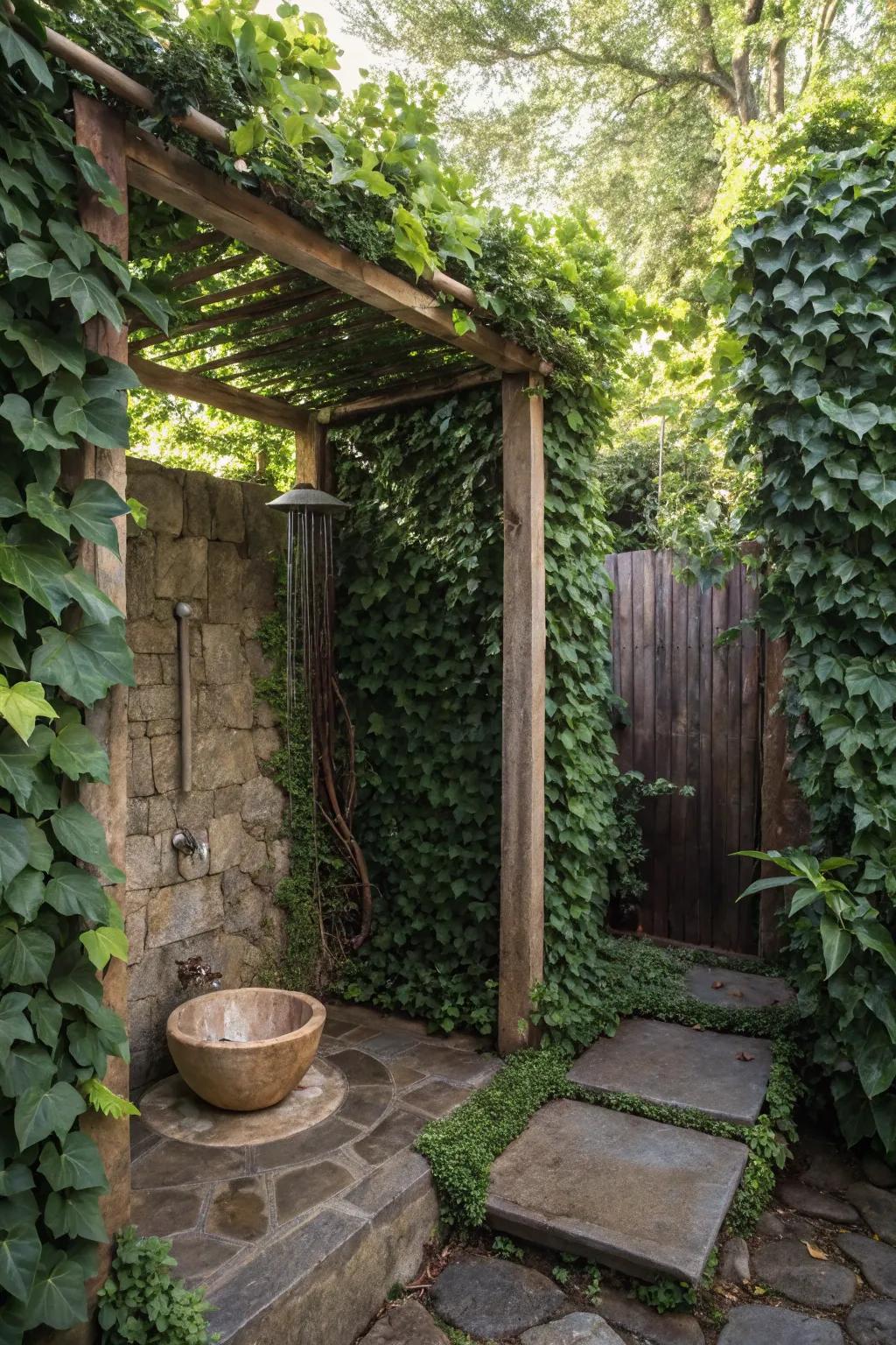 Enchant your senses with a trellis and ivy-covered outdoor shower.