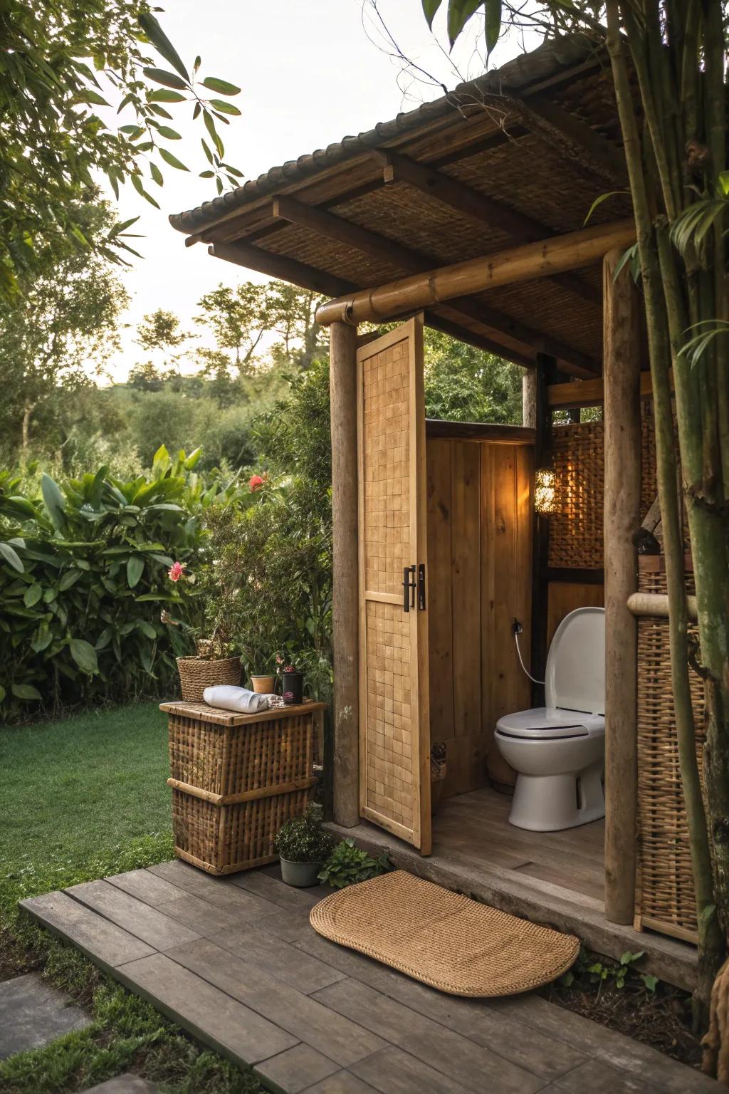 Embrace rustic charm with a wicker and wood outdoor toilet design.