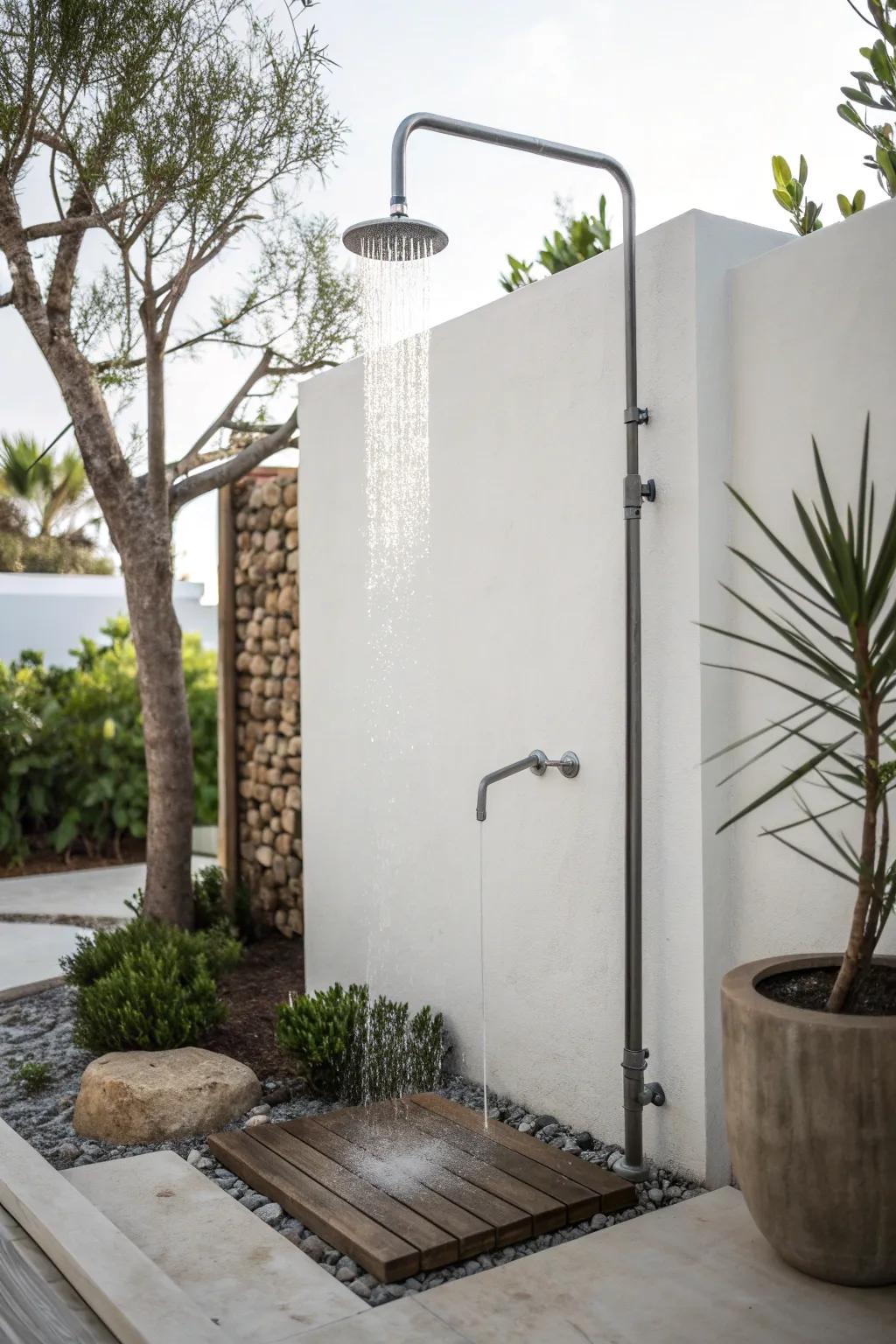 Achieve a modern minimalist look with metal fixtures in your outdoor shower.