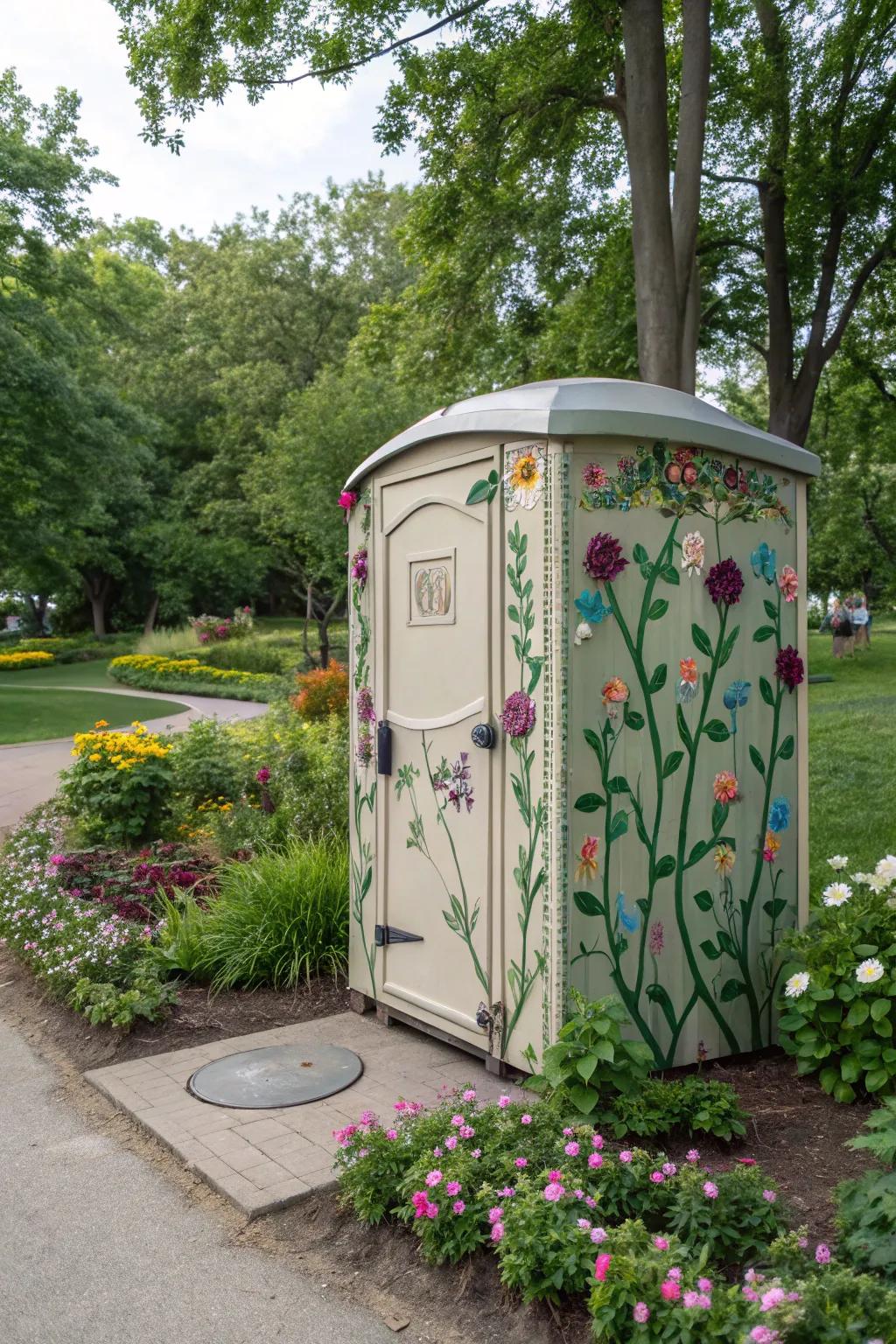 Transform a portable porta-potty with creative flair for your garden.
