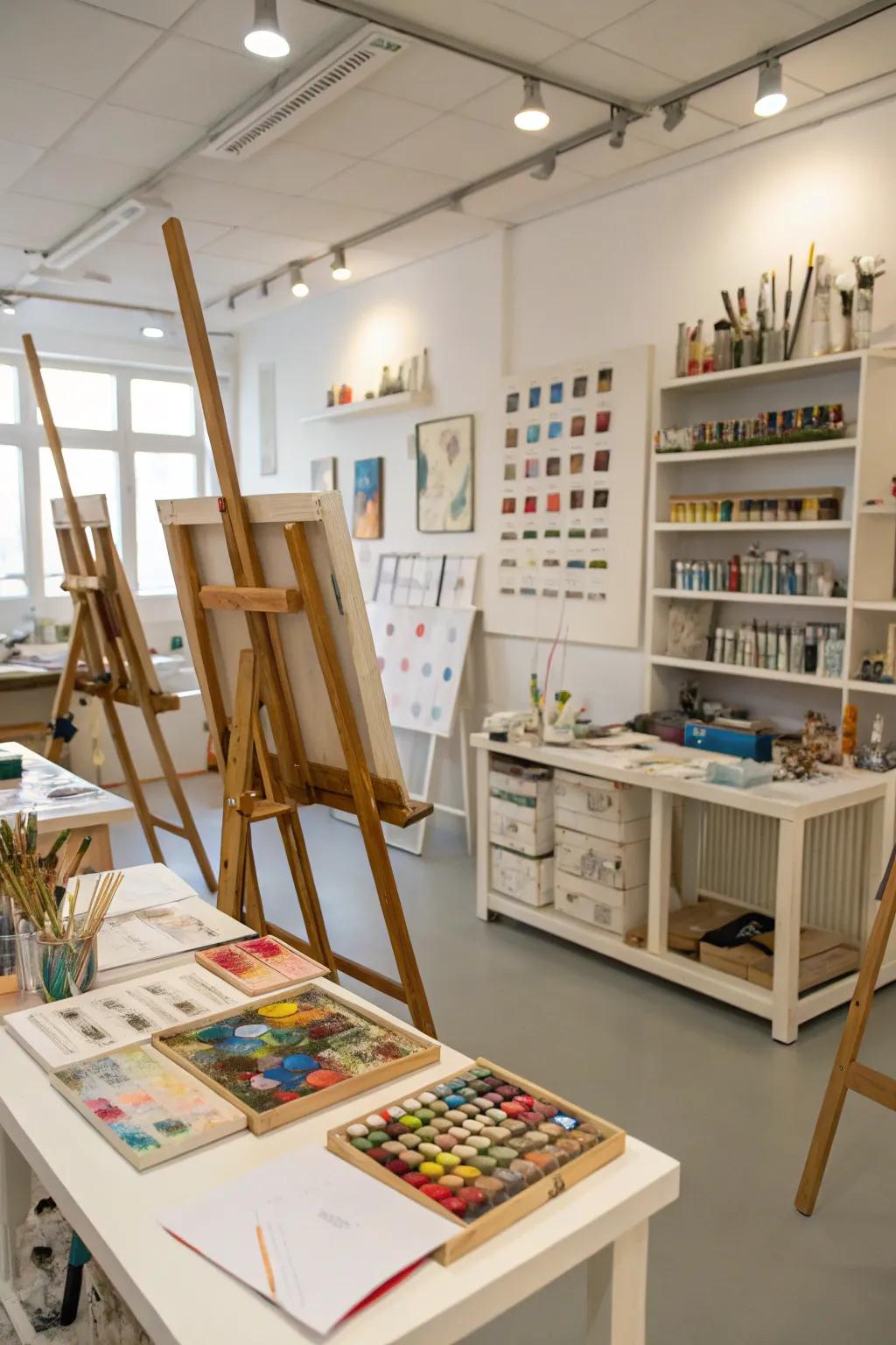 A well-organized art studio with functional workspaces for various creative endeavors.