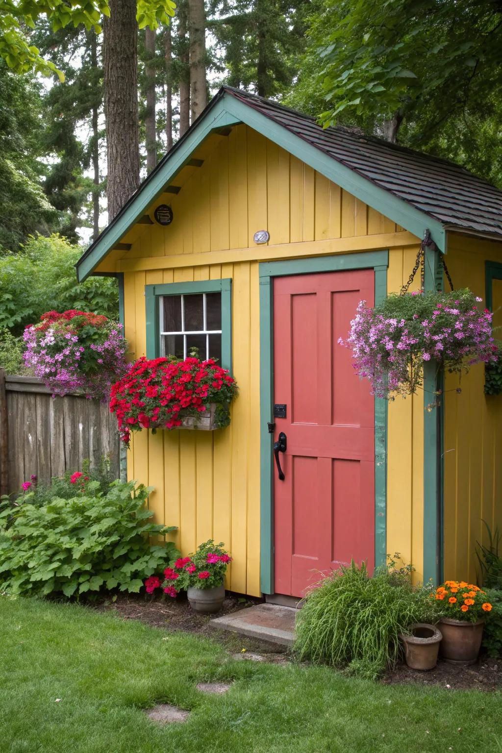 A she shed entrance that invites creativity with its vibrant colors and flourishing flowers.