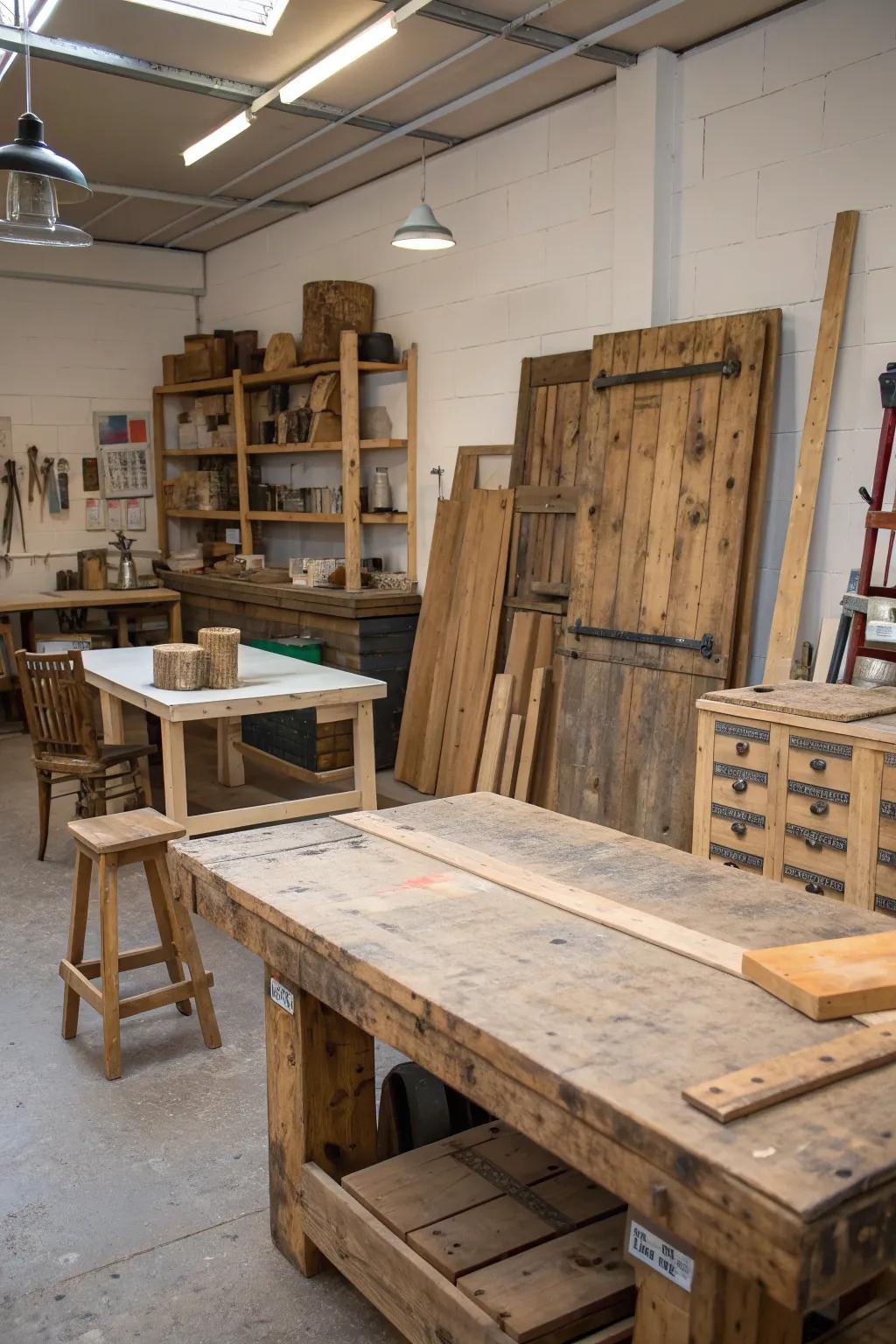 A studio space that combines sustainability with rustic elegance through reclaimed wood.