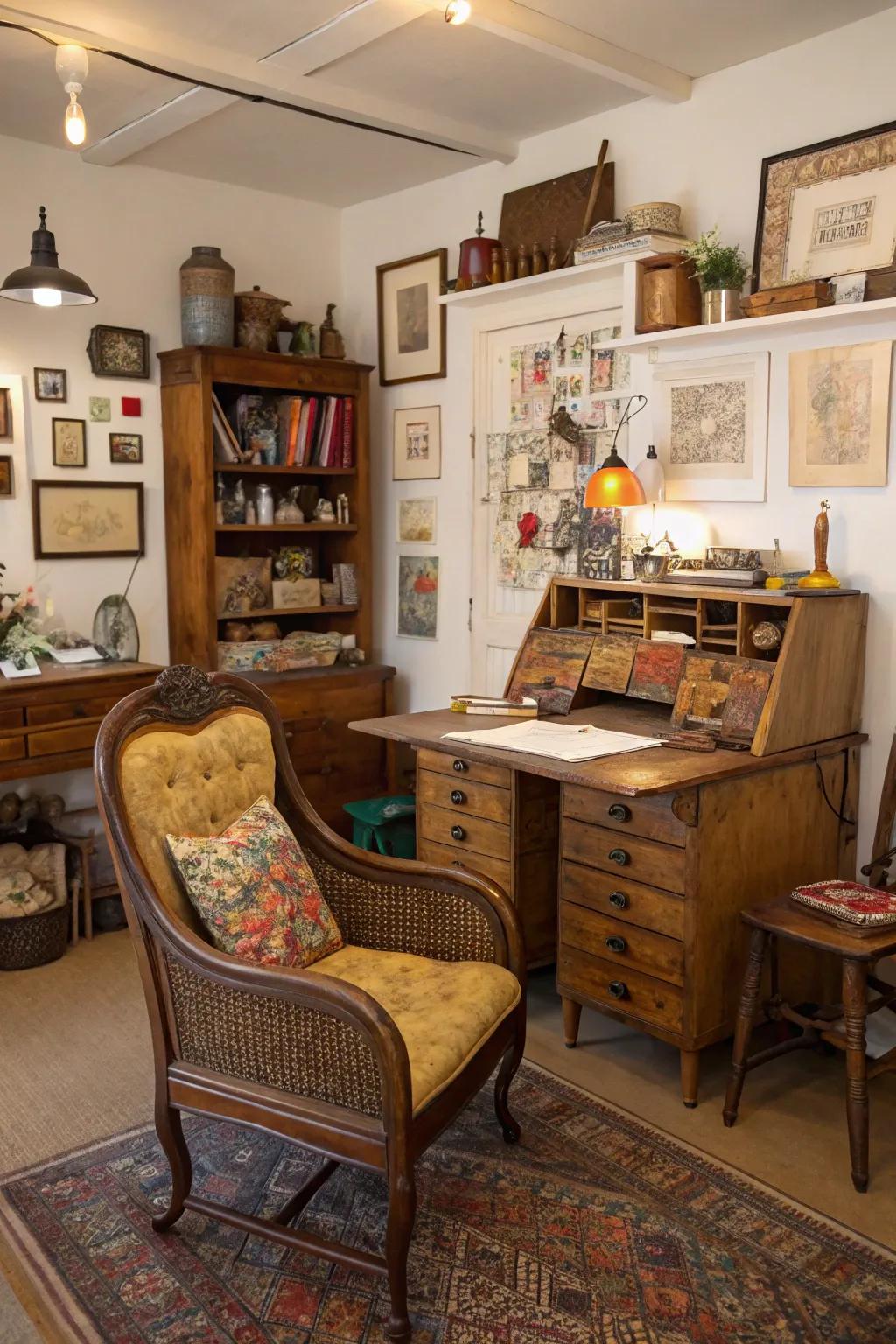 A studio adorned with vintage and thrifted treasures, adding character and charm.
