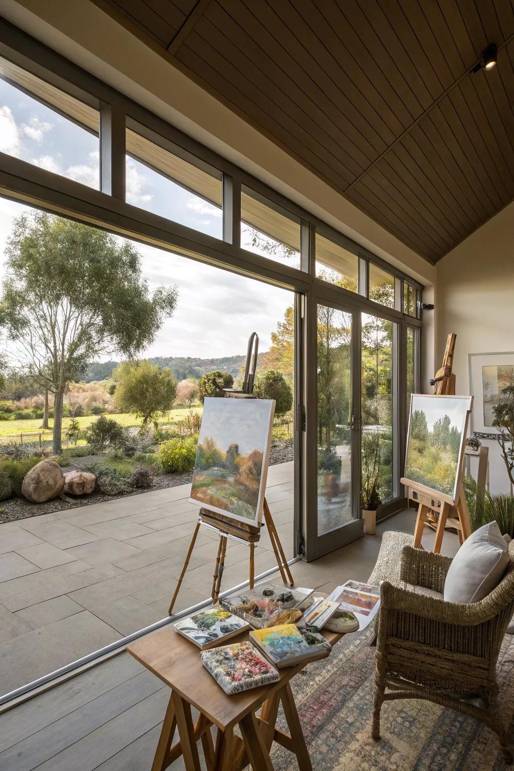 An art studio with an inviting outdoor patio for creative sessions in nature.