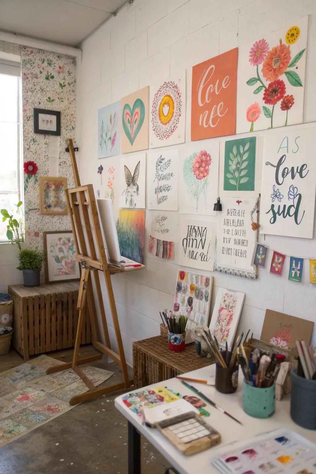 An art studio wall full of inspirational quotes to motivate creativity.