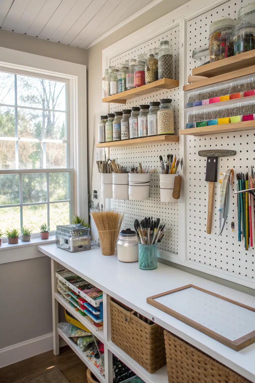 A tidy and organized art studio with clever DIY storage solutions.